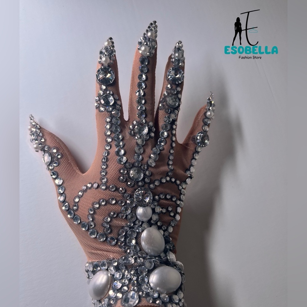 Crystal rhinestone-embellished mesh short hand gloves